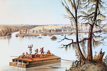 A wistful illustration of a 19th century flatboat