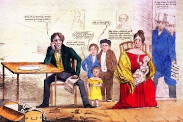A Democratic family faces eviction from their home while the portraits of Andrew Jackson and Martin Van Buren hang on the wall, in this mocking Whig cartoon.